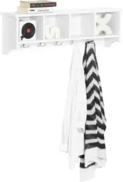 White Wall Shelf with Coat Hooks, Wall Coat Rack Entryway, Display Storage Unit