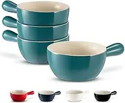 KooK French Onion Soup Crocks, Stackable Ceramic Bowls with Handles, Broil, Oven, Microwave and Dishwasher Safe, for Cereal, Soups, Casseroles, with Handle, 24 Oz, Set of 4, Teal Ombre, KM4FO24T