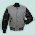 Men's Grey Black Varsity Bomber Jacket Wool Body Leather Sleeves Baseball Coat