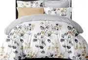 Idina Leaf Quilt Cover Set, 3pcs Gold Grey Watercolor Double Doona Cover Set, Leaf Pattens Quilt Cover Set (Double Size)