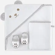 Baby Grown - Baby Hooded Towel Set with Booties, White and Grey Bear Design, 3-Piece