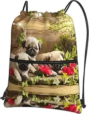 EdWal Puppys Pug Print Drawstring Backpack Gym Bags Sports Bags With Zipper Pocket For Travel Beach, Black, One Size