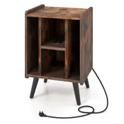 Giantex Record Player Stand Storage Turntable Cabinet w/Charging Station Nightstand Brown