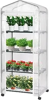 VIVOSUN Mini 4-Tier Greenhouse with Wheels, 27 x 19 x 63-Inch Reusable Portable Warm House with White PE Cover and Shelf for Compact Garden and Small Backyards, with Wheels