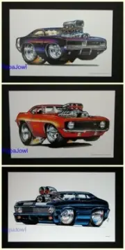 (3) 1969 Muscle Machines Prints Art Drawn By Rohan Day 11" by 17"