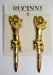 VINTAGE RUCINNI GOLD TONE LEOPARD CAT DANGLE CLIP-ON EARRINGS CRYSTALS NEW!