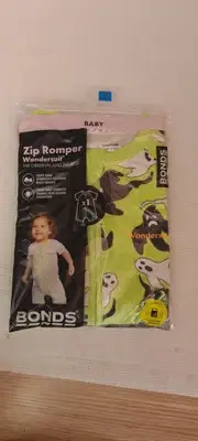 Bonds Baby Green White Black Ghost Halloween Zip Romper Wondersuit Size 3 BNIP