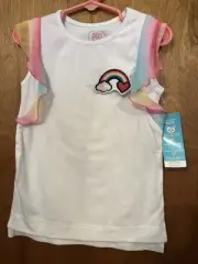 365 Kids Girls Flutter Sleeve Tee Shirt Size 5 White Rainbow Shirt Lifts Up NEW