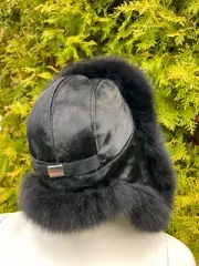 Jet Black Fox Fur Trapper Hat With Sheared Lama Fur on Top Saga Furs