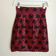 Scanlan Theodore Black Iris Brocade Skirt 6 High Waisted Red Black Floral Mini