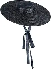 [Hemore] Large Flat Top Straw Hat for Women, 13.8inch Vintage Boater Hat with Chin Strap, Wide Brim Sun Hats for Summer Beach Blue