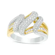 0.75 CT. T.W. Baguette and Round Natural Diamond Three Row Wave Ring in Solid 10K Two-Tone Gold