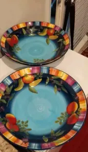 Laurie Gates Blue Print Peas in a Pod Pasta Serving Bowl Blue 14 Inches