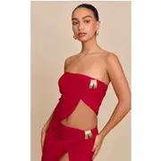 Tomato Red Double Layer Slinky Bandeau Split Hem Trim Top, Tomato Red