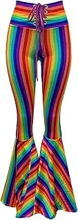 [Peridot Clothing] Rainbow Pride High Waist Bell Bottoms - Lace-Up Striped Flare Pants - Made in USA, Rainbow, Large