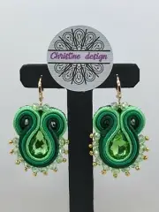 HANDMADE SOUTACHE GREEN DANGLE EARRINGS WITH GLASS BEADS
