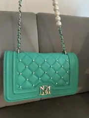 Badgley Mischka Letter Lock Crossbody W/ Bombe & Pearls Purse Vegan Leather NWT
