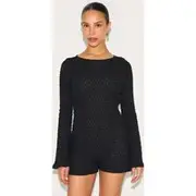 Petite Black Textured Jersey Long Sleeve Unitard, Black