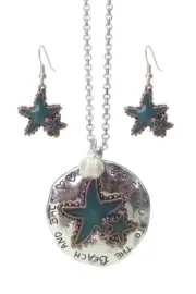 Sea life theme rustic metal pendant long necklace set - love you to beach & Back