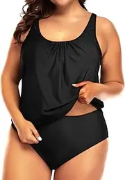 [Yonique] Plus Size Two Piece Swimsuit for Women Blouson Tankini Tummy Control Bathing Suit