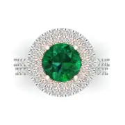 2.95ct Round Cut Halo Emerald Ring Band bridal Set 14k White Rose Solid Gold