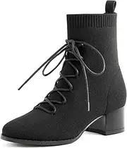 [AIUZO] Knit Ankle Boots Lace-up Pointed Toe 1.5 Inch Chunky Block Heel Women Booties Fall Winter Shoes