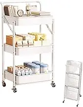 Stackable Storage Rack, 3 Tiers Wire Shelving Unit Storage Organzier Cart with Wheels, for Kitchen Pantry Bathroom(Beige)