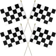 4pcs 8x11 Inch Checkered Flag on Stick, Black and White Racing Flag with Spear Top Reusable Flag for NASCAR Kids Birthday Theme Party Supplies