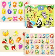 GRINNNIE 4 PCS Wooden Peg Puzzle for Toddlers 2 3 4 Years Old, Educational Le...