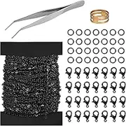 Worldity Black Chains for Jewelry Making - 2MM Necklace Chain, 39 Feet With 100 Jump Rings and 30 Lobster Clasps for Women DIY