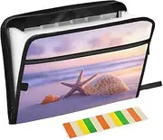 Quteprint 13 Pockets Expanding File Folder with Zipper Closure, Summer Beach Starfish Seashells Accordion File Folder with Sticky Labels, Letter Size A4 Papers Expandable File Document Organizer