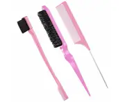 3Pcs Slick Back Hair Brush Set Bristle Hair Brush Edge Control Brush Teasing Comb Rat Tail Comb for Women Baby Kids' Black Hair,Pink