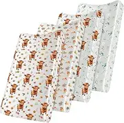 Croknit 4 Pcs Highland Cow Changing Pad Cover Floral Soft Changing Table Pad Covers Farm Animal Changing Table Cover Diaper Pad Cover 52' 'x 28" Mattress Cover for Baby Girls Boys