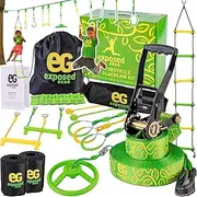 Ninja Warrior Obstacle Course for Kids – 50ft Ninja Slackline Kit | Ninja Line | 9 Accessories Including Ninja Wheel + Climbing Ladder | Perfect Kids Obstacle Course | Ninja Course for Kids Outside