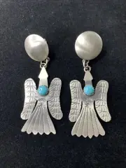 Tim Yazzie Native Navajo Sterling & Turquoise Post Earrings Signed Thunderbird