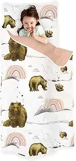 JumpOff Jo - Extra Long Toddler Nap Mat for Preschool, Daycare and Kindergarten - Sleeping Bag for Kids with Removable Pillow and Ultra Soft Blanket - Rainbow Bears
