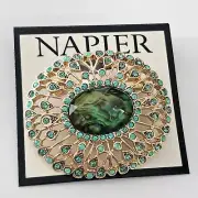 Napier SIGNED Faux Abalone Aqua Rhinestone Filigree Style Oval Brooch Pin NEW