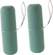 HAMPPLIES 2 Pcs Green Portable Toothbrush and Toothpaste Storage Organizer with Lanyard Durable Multifunctional Container Box for Home Outdoor Camping and Travel