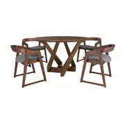 Mattia 5pc 120cm Round Dining Table Set Grey Fabric Seat Chair Walnut