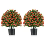 Costway2 Pack Artificial Rose Topiary Ball Tree with Flowers and Plastic Nursery Pot-Rose