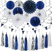Navy-Blue White-Silver Graduation Party-Decorations - 33pcs Kits Banner, Streamers Tassel Garland,Tissue Pom Poms Honeycomb, Paper Lantern Fans,Wedding Birthday Baby Shower Backdrop Ceiling Decor