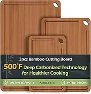Keechee Bamboo Cutting Board Set, Durable & Eco-Friendly, 3 Sizes (S, M, L), Carbonized Bamboo (Brown), Deep Juice Grooves & Built-in Handles, Ideal for Meat, Vegetables & Charcuterie