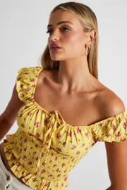 Yellow Floral Puff Sleeve Top Short Sleeve - Size 14, Women's Top