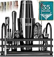 BARE BARREL® Pro Mixology Bartender Set Bar Kit | 14-Piece Boston Cocktail Shaker Set | Professional Barware Mixing Tools for Home Bartending | Stand & 35 Recipe Cards | Gift Set (-Jet Black)