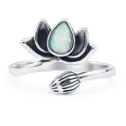 Pear Lotus Bud Oxidized Ring Lab Created White Opal 925 Sterling Silver 13.2mm