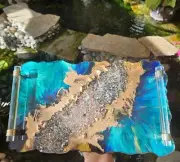 HANDMADE 14x8 Decorative Resin tray Elegant Tray W/ Gold crystal Handles Geode