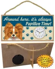 Papillon (red) CLOCK-Around here it's always--Time-Hang or Easel Back
