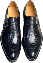 [Generic] Authentic Real Crocodile Skin Businessmen Black Brown Dress Shoes Genuine Exotic Alligator Leather Male Monk Strap Dress Oxfords, Black, 10