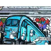 Graffiti Mural Blue Bus Large Wall Art Print