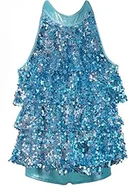 [Linjinx] Kids Girls Sequins Halter Jazz Latin Dance Ruffled Dress Samba Tango Modern Dance Leotard Costumes
